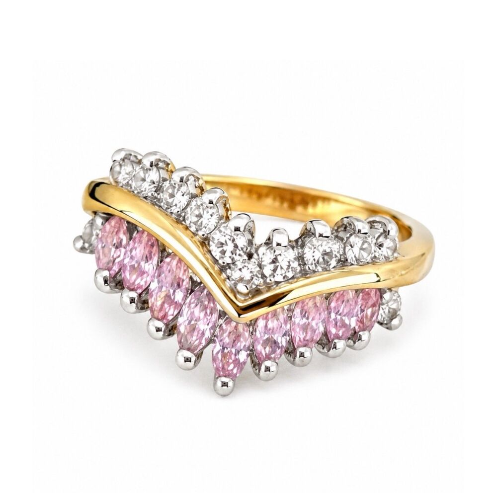 Vintage 1980s Ring Size 9 Pink CZ Chevron Cluster Gold Plated Band - 14V
